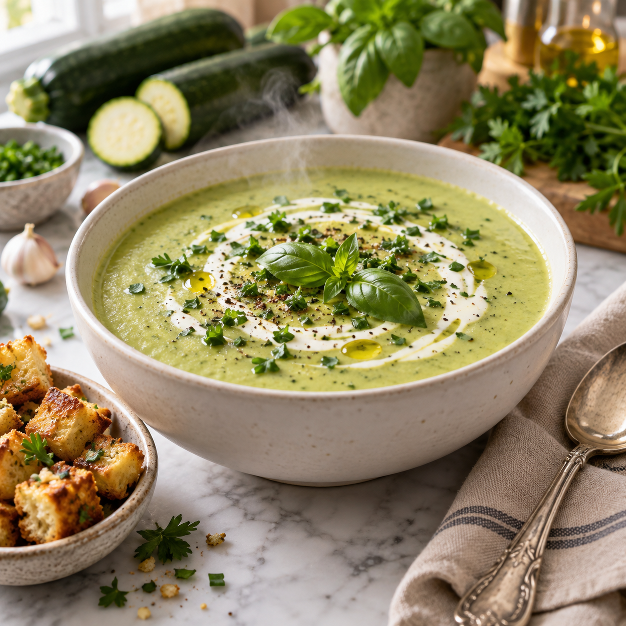 Soupe Veloutée de Courgettes à l’Ail et aux Herbes
