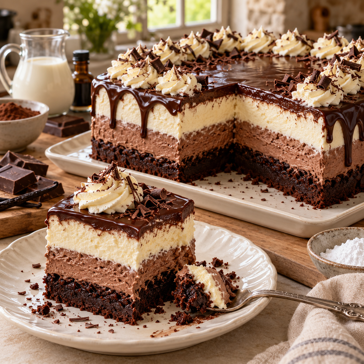 Brownie façon Layer Cake au Réfrigérateur : Un Gâteau Ultra Fondant aux Trois Chocolats et à la Crème Vanillée