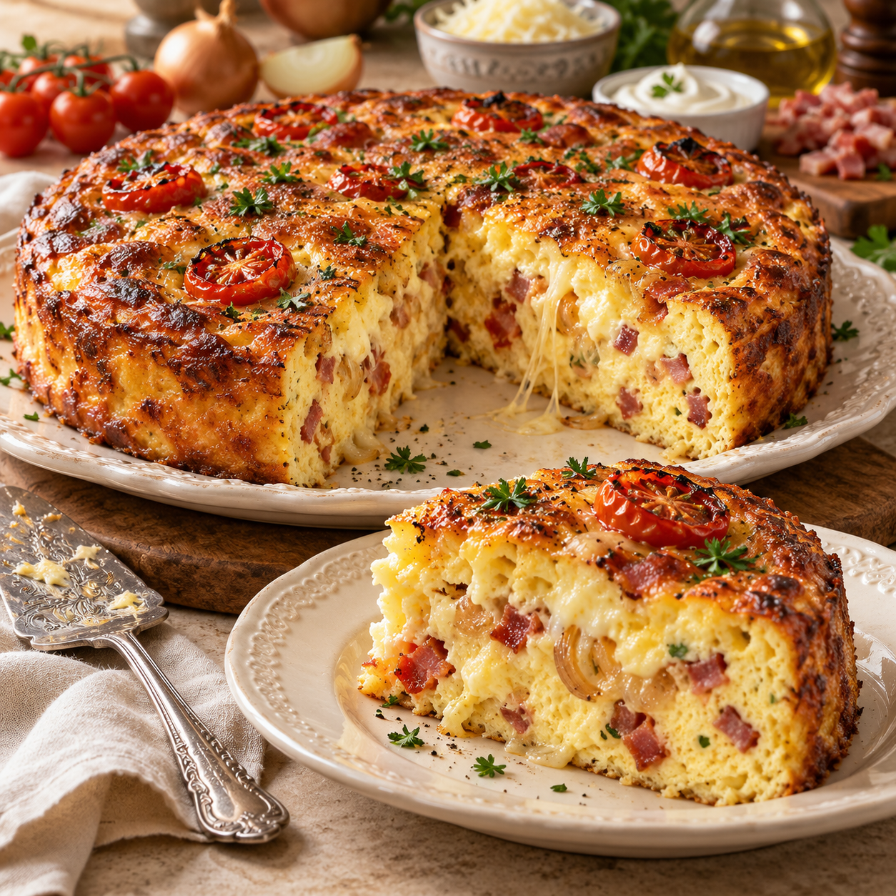 Gâteau Omelette au Four : Une Recette Moelleuse, Dorée et Généreuse aux Lardons, Fromage et Tomates Cerises