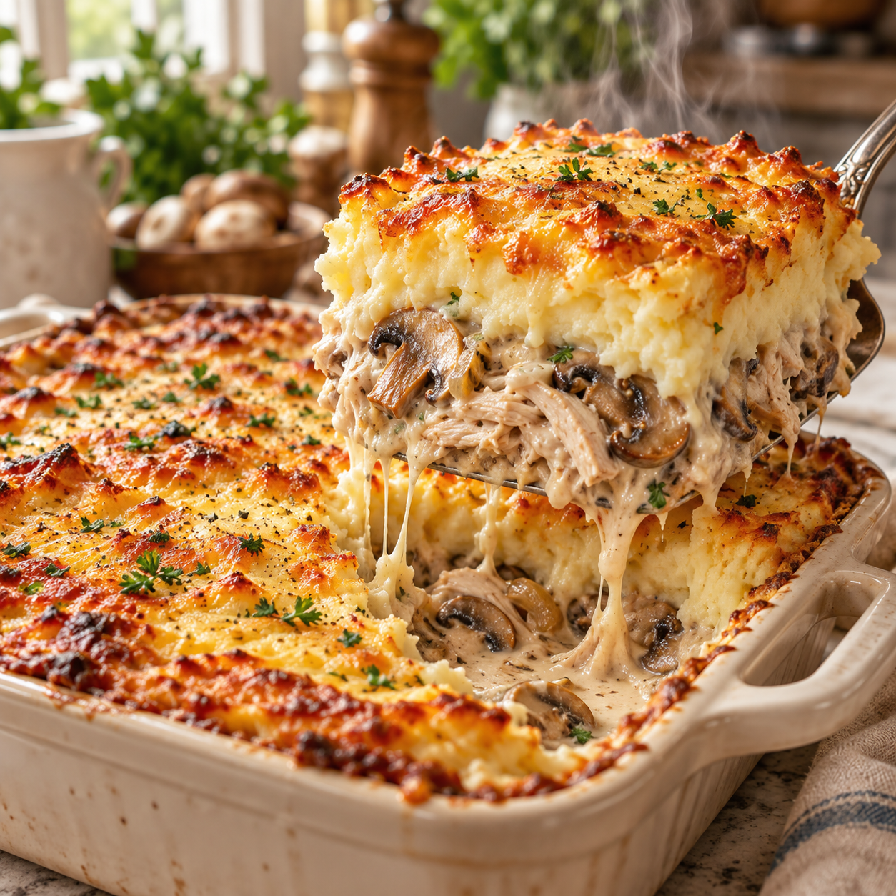 Parmentier de Poulet aux Champignons, Crémeux et Gratiné