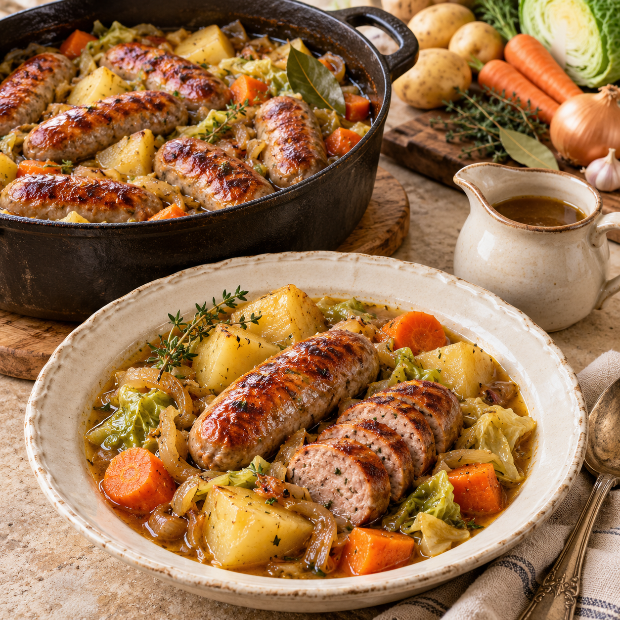Ragoût Rustique aux Saucisses, Fondant et Ambré : Une Recette Familiale Généreuse et Réconfortante