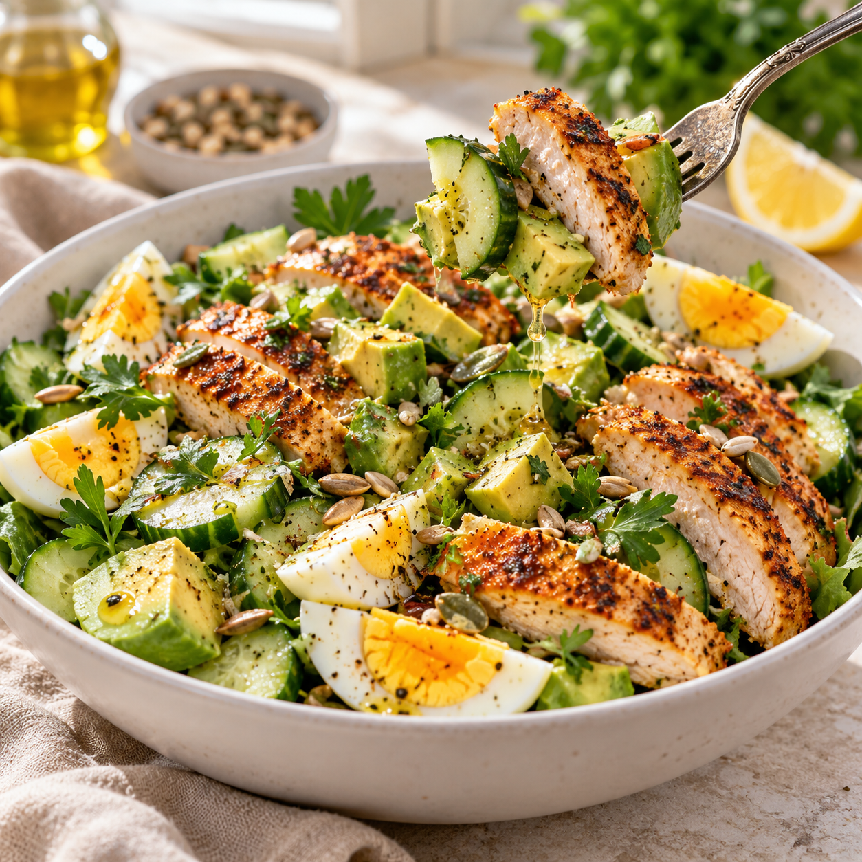Salade Protéinée au Poulet, Œufs et Avocat