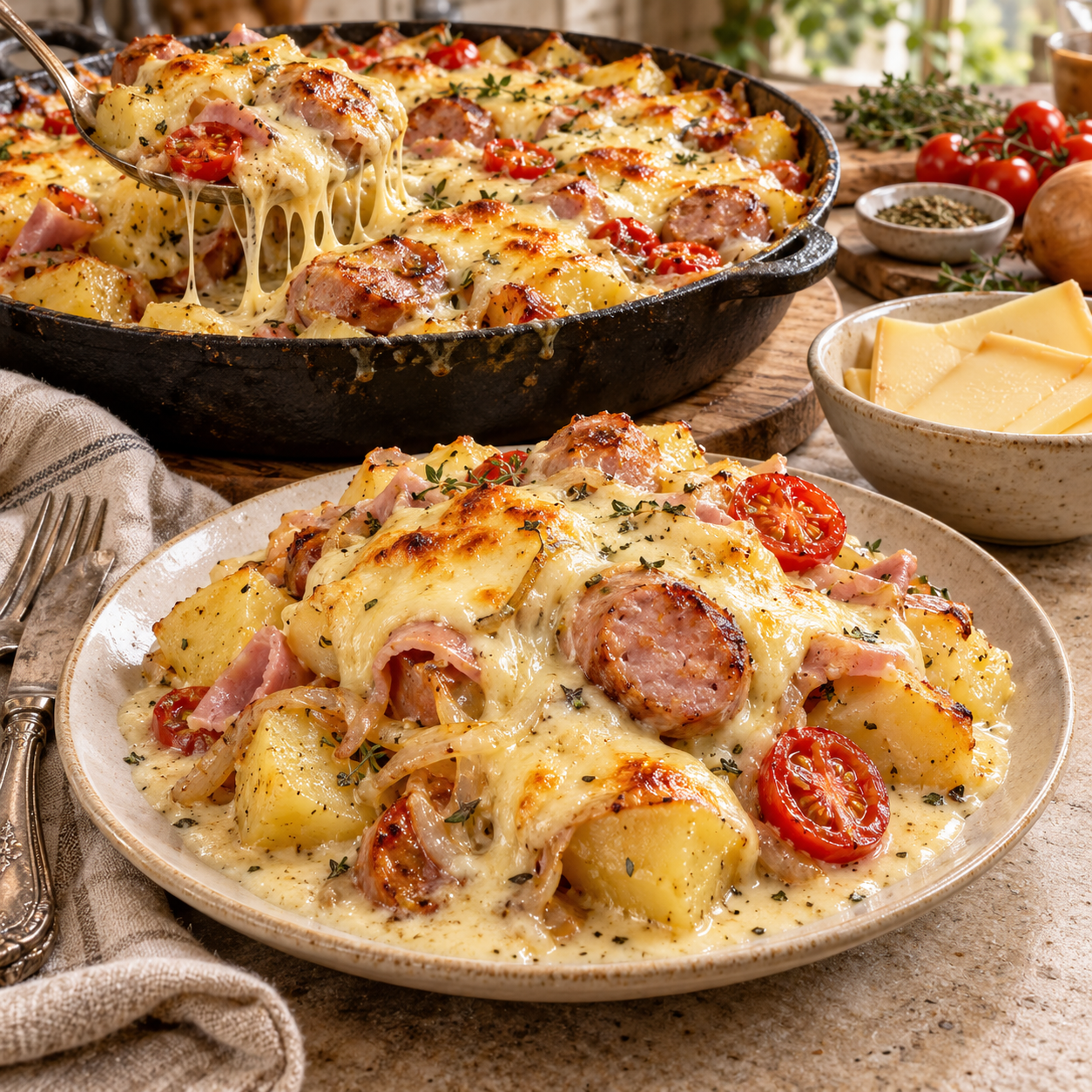 Sauciflette Provençale aux Pommes de Terre, Saucisses et Raclette : Une Recette Fondante, Crémeuse et Ultra Gourmande