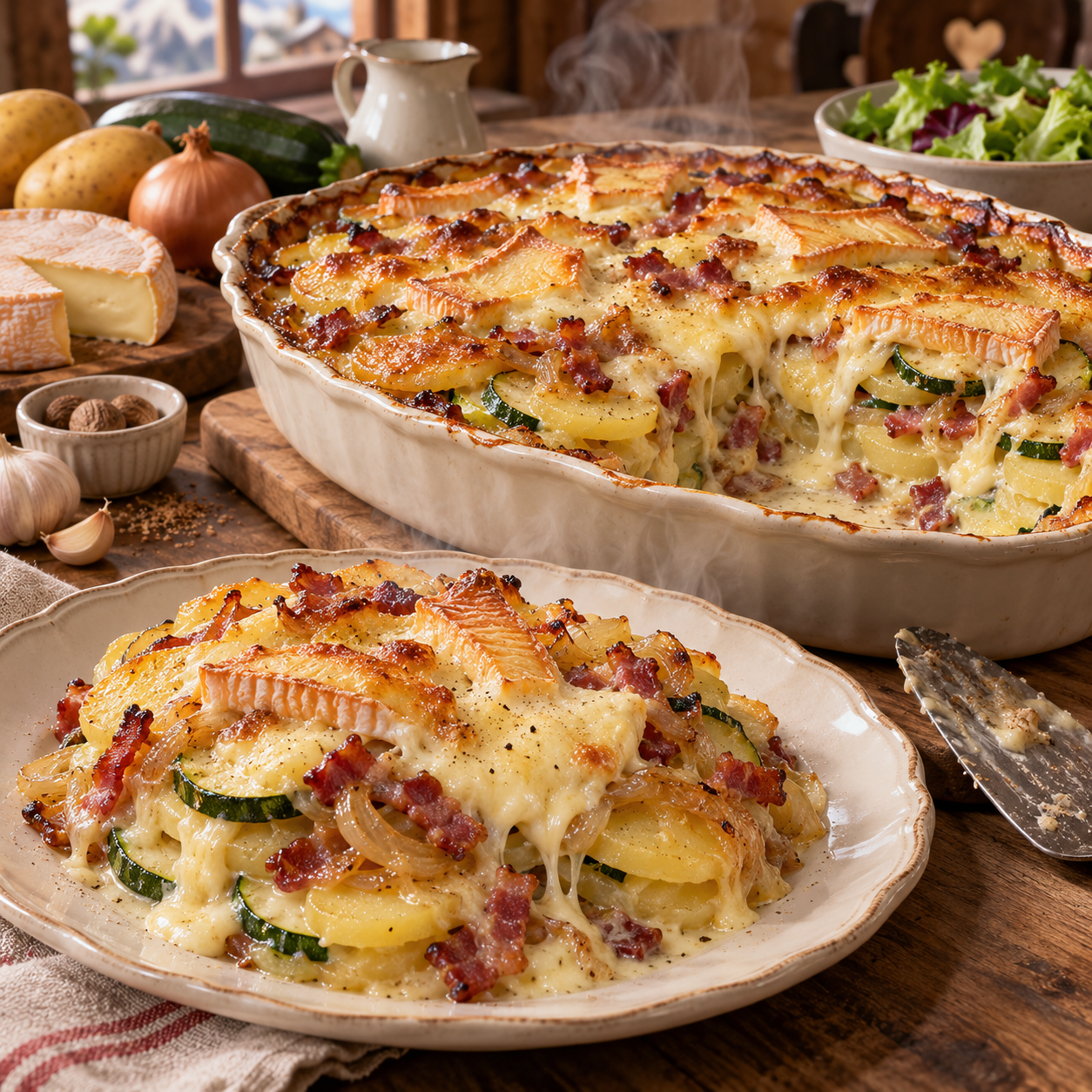 Tartiflette Légère aux Courgettes et Pommes de Terre : Un Gratin Fondant au Reblochon et aux Lardons Fumés