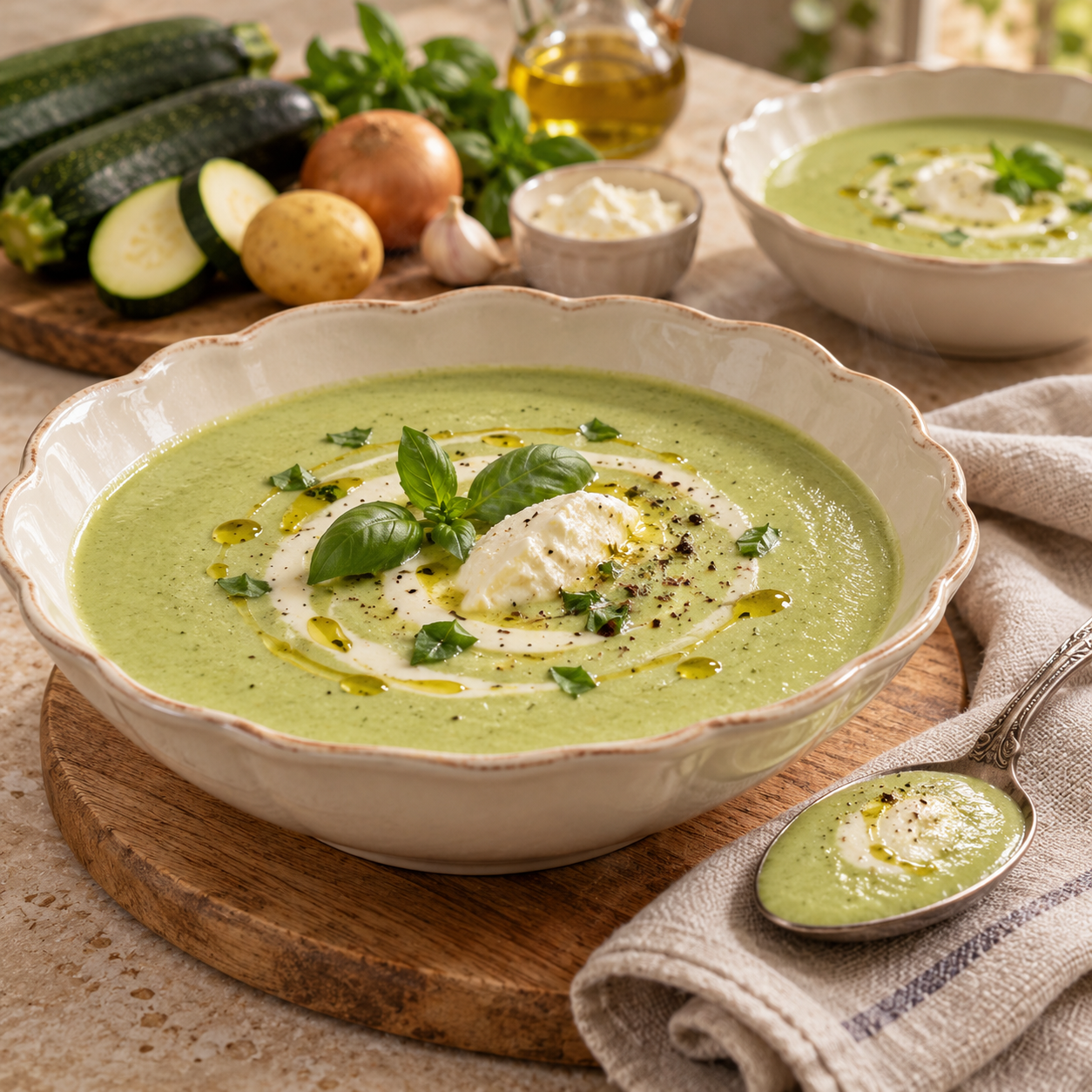 Velouté de Courgettes au Fromage Frais et Basilic : Une Soupe Crémeuse, Douce et Délicieusement Parfumée